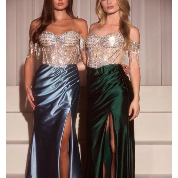 Off shoulder fitted formal dress. Prom party military ball evening green,blue,